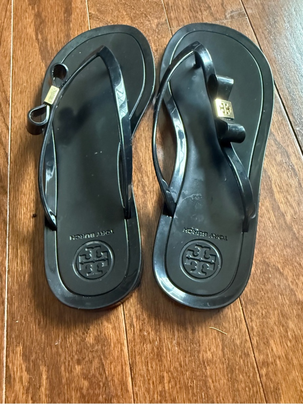 Tory Burch Black Jelly Bow Flip Flops with Gold Logo Accent - Picture 6 of 10